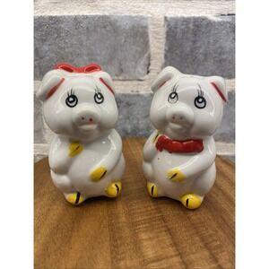 Vintage White Pig salt and pepper shakers Girl & Boy Bow tie